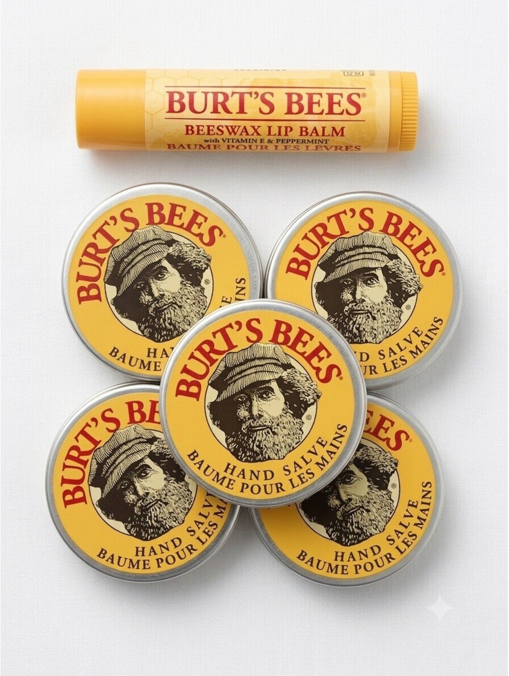Burt's Bees Set: (5) Hand Salve Tins 0.3 oz ea + (1) Beeswax Lip Balm - New⁠